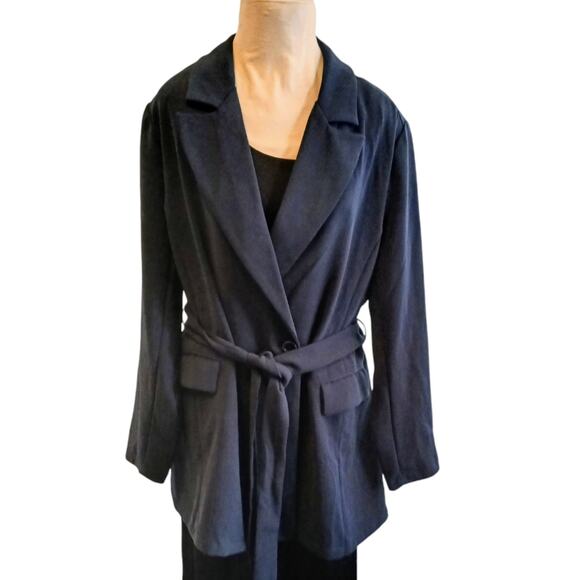 Standards & Practices Blazer Trench Sz 2X Navy Blue Long Coat Jacket Wrap Modern - Picture 2 of 15